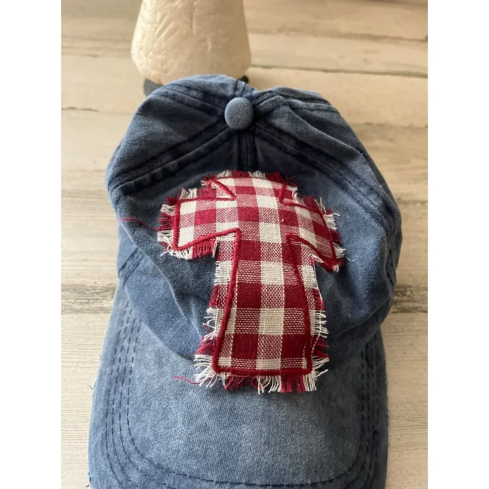 Southern Junkie distressed denim cap with red plaid cross
